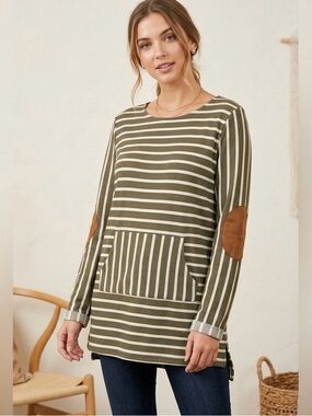 Ella Mara Olive Striped Tunic with Elbow Patches – NIB Size Large
